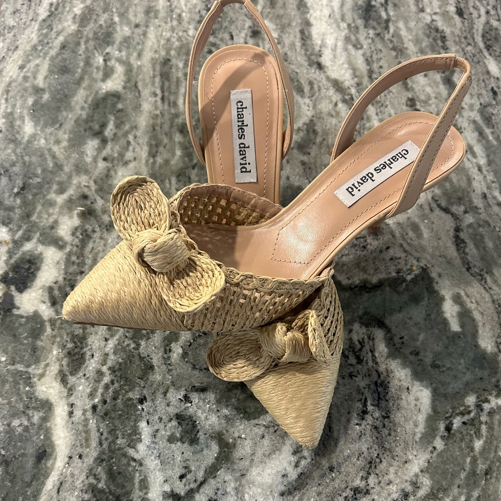Charles David Tan Stiletto Heels with Bow Detail